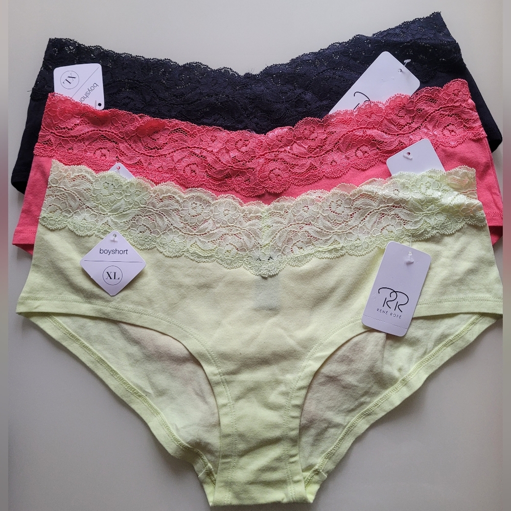 Lace Trim Boyshorts, Rene Rofe 3 PK NWT , XL - Black, Coral, Yellow